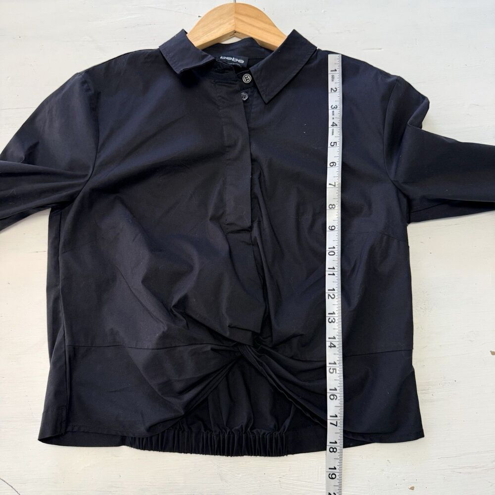 Bebe Black Shirt Small Cotton blend Button Front Twist Cropped Sharp Fitted - Picture 10 of 11